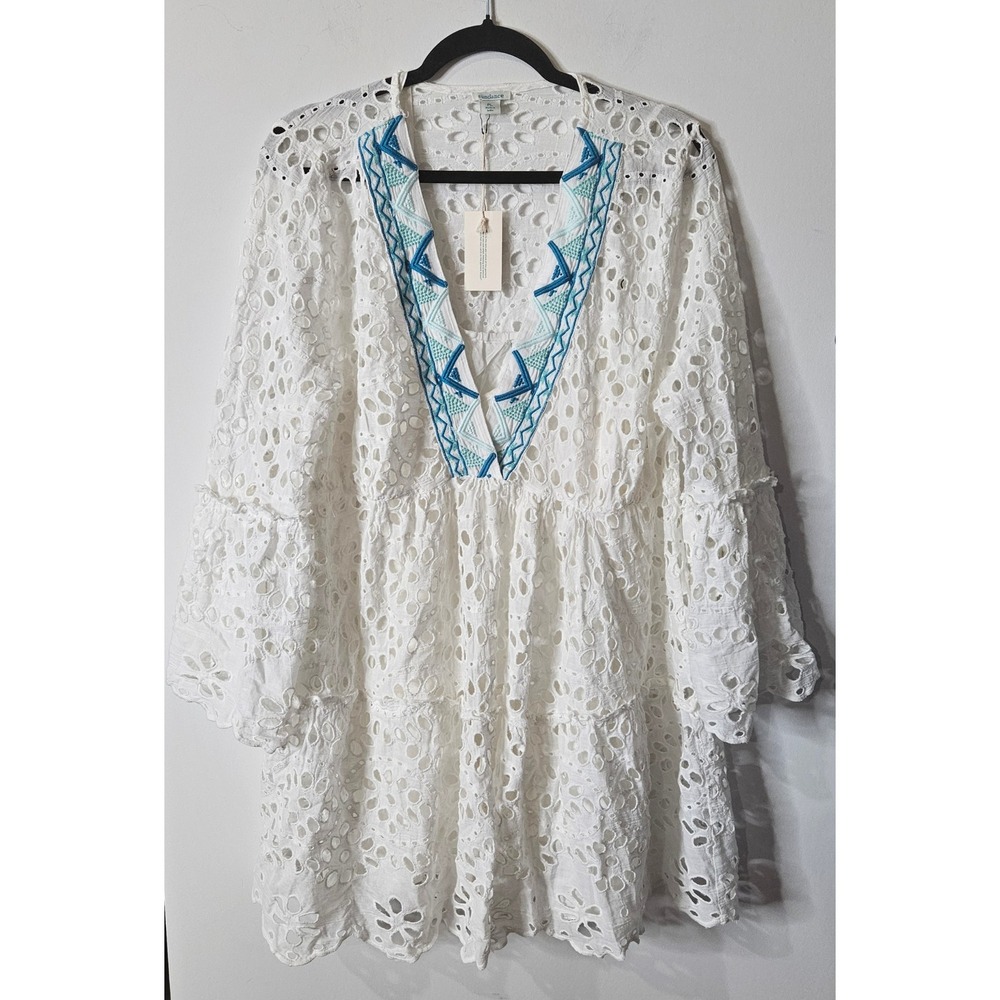 Sundance Yuki White Eyelet Embroidered Boho Tiered Mini Dress Blue V-Neck NWT PL